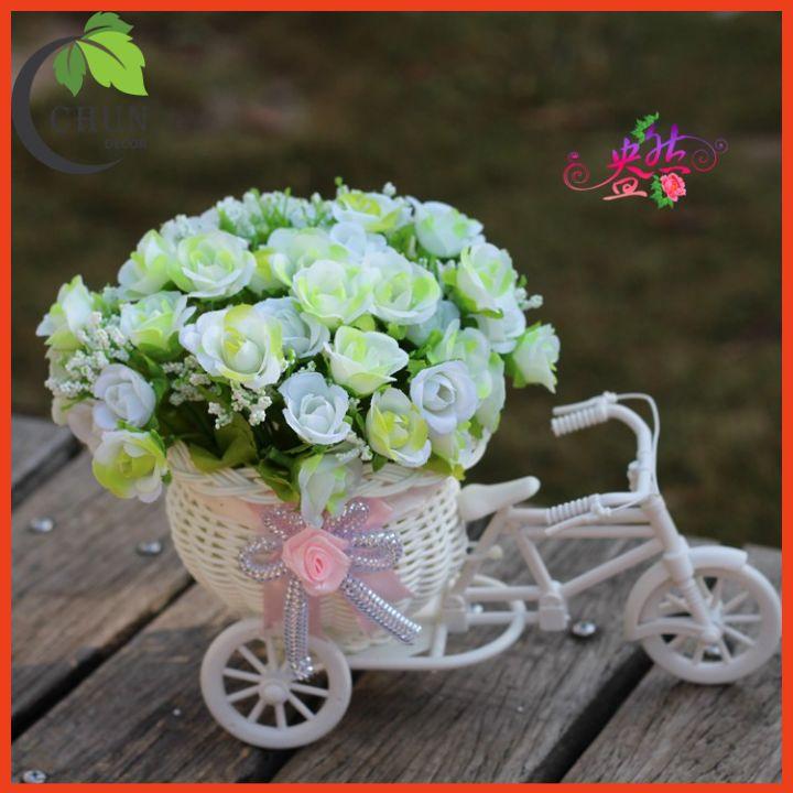Hoa giả - Giỏ xe đạp hoa lụa nhiều mẫu cao 22cm để bàn,kệ tủ trang trí nhà cửa
