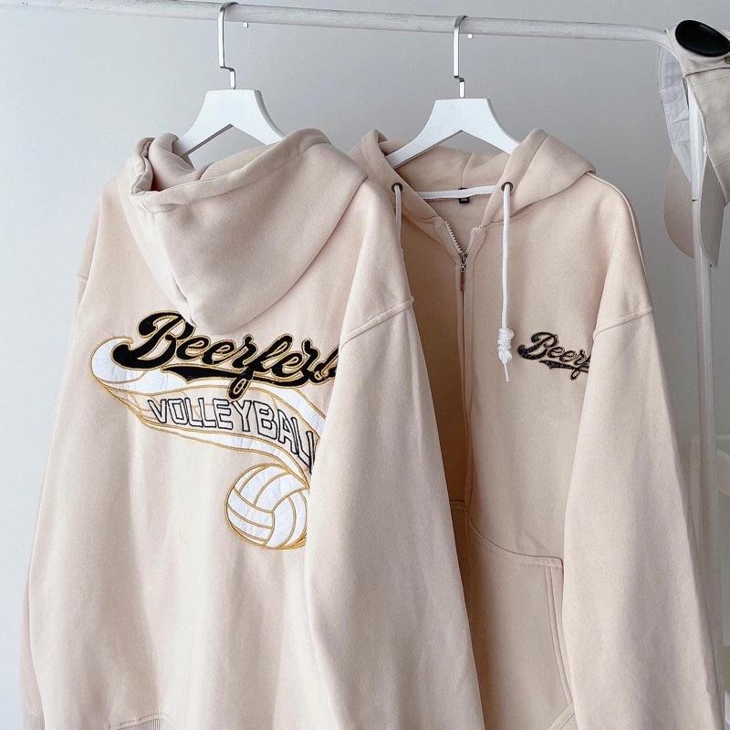 Áo khoác dây kéo nỉ lót bông form rộng chữ thêu BEERFER unisex
