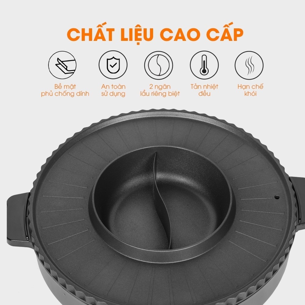 Nồi lẩu nướng điện 2 ngăn Sothing Lebenlang LBTT5288, bếp lẩu nướng 2in1, cong suất 1800w- Hàng chính hãng