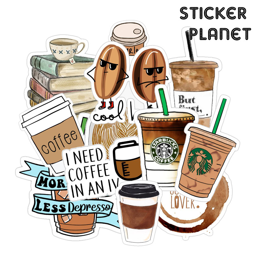 Bộ sticker  trang trí mũ bảo hiểm, đàn, guitar, ukulele, điện thoại laptop, dán sticker macbook sticker chủ đề coffee
