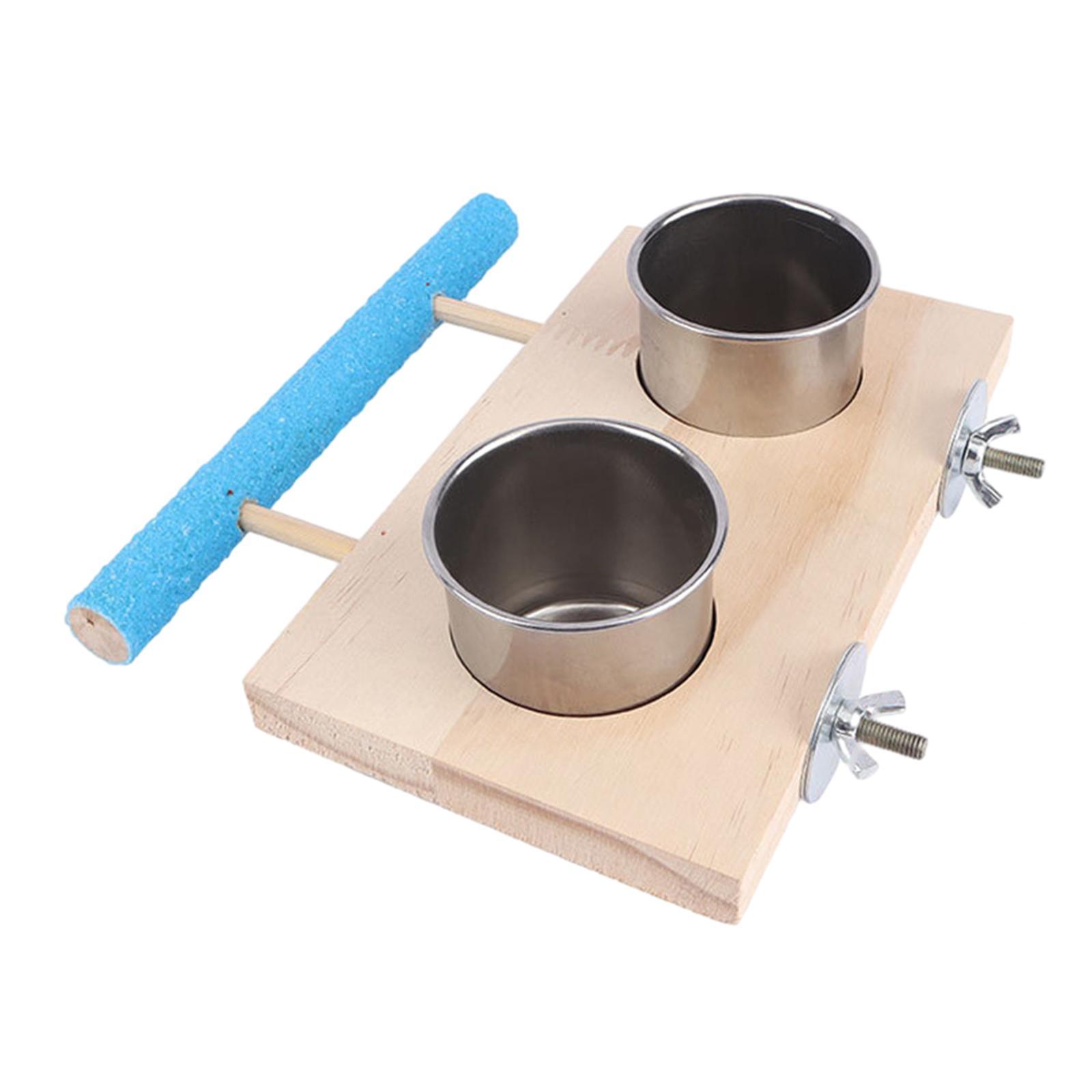 Parrot Cage Feeder Bird Wooden Stand Stainless Steel Cups Bird Cage Feeder Bowl Parrot Food and Water Bowls for Small Animal Budgie