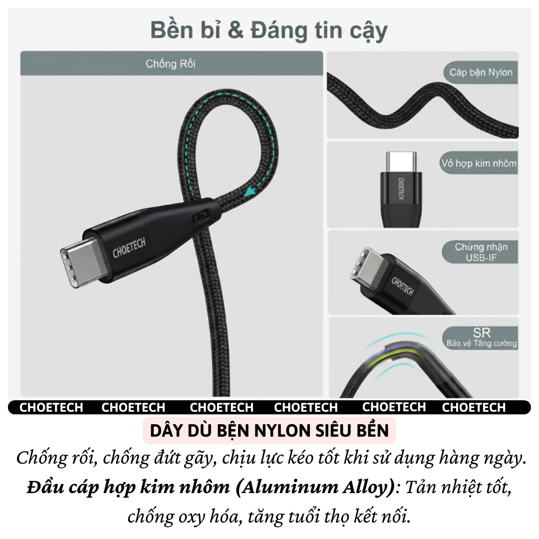 Dây cáp sạc nhanh PD + QC3.0 60W SmartChip AI DURAFLEX Choetech XCC100 siêu nhanh dùng cho tất cả dòng iP 15 16 17 Samsung Oppo MacBook, iPad, Android, Nintendo Switch- Hàng nhập khẩu
