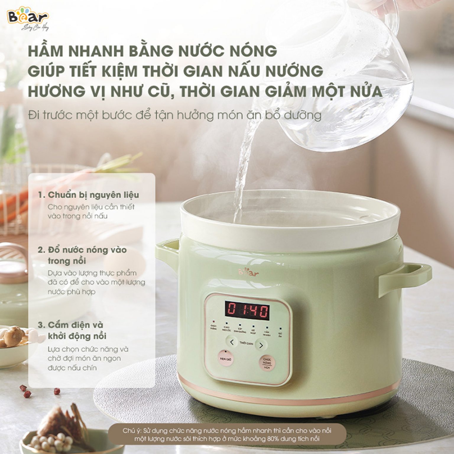 Nồi Chưng Yến Nấu Cháo Kho Cá Bear SB-NNC20 - Bản Tiếng Việt Dung Tích 2 Lít Công Suất 175 W - Hàng Chính Hãng