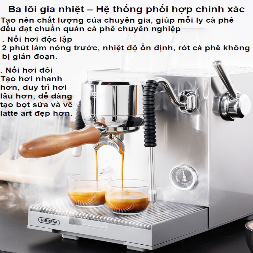 [ Hàng chính hãng] Máy pha cà phê Espresso, Cappuccino, Latte - Dòng chuyên nghiệp. Thương hiệu Mỹ cao cấp HiBREW - H21