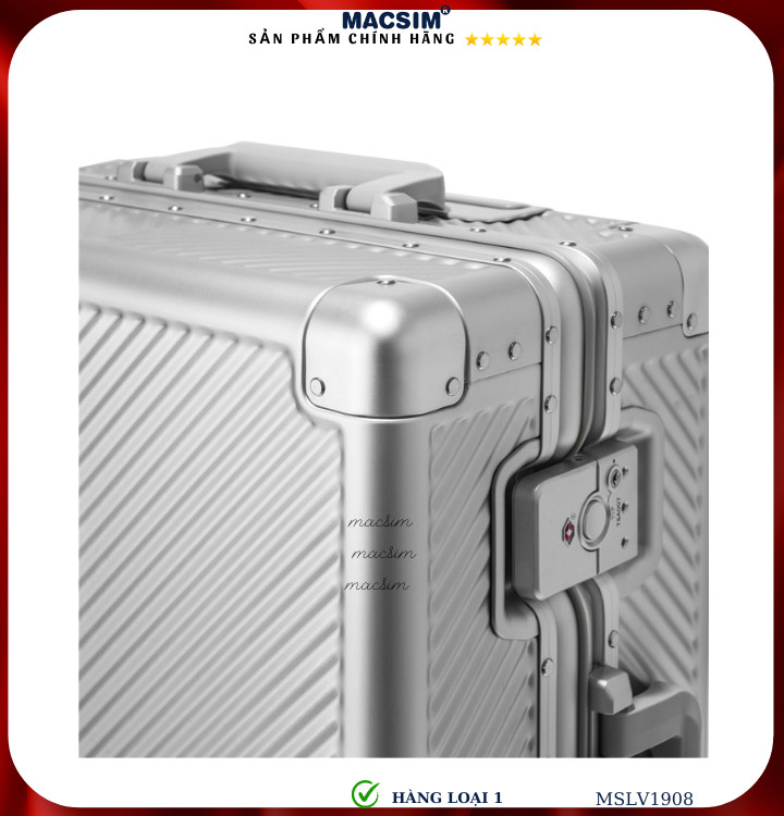 Vali hợp kim nhôm cao cấp Macsim MSLV1908 cỡ 20 inches màu đen màu bạc hàng loại 1