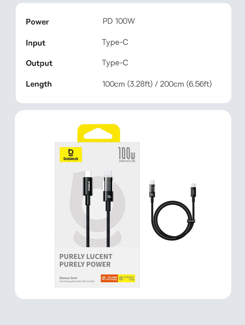 Cáp sạc nhanh Type C to Type C 100W Baseus Gem Fast-Charging Data Cable - Hàng chính hãng