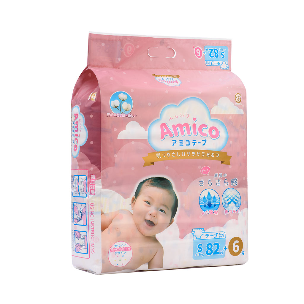 Bỉm - Tã dán Amico size S 82+ 6 miếng (Cho bé 4 - 8 kg)