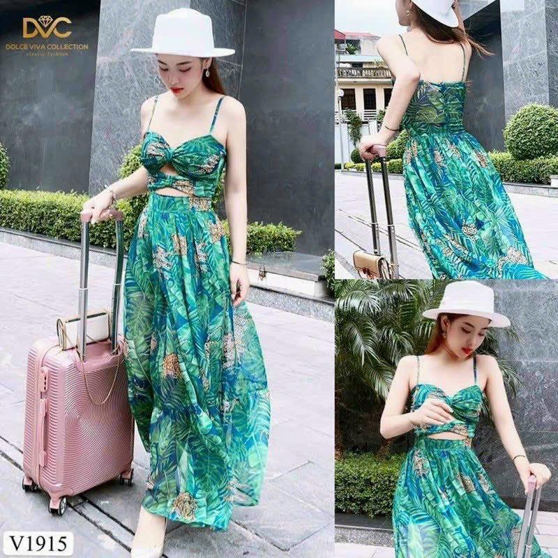 Váy dầm nữ maxi chất voan đi biển hai dây khoét éo họa tiết cực bắt mắt