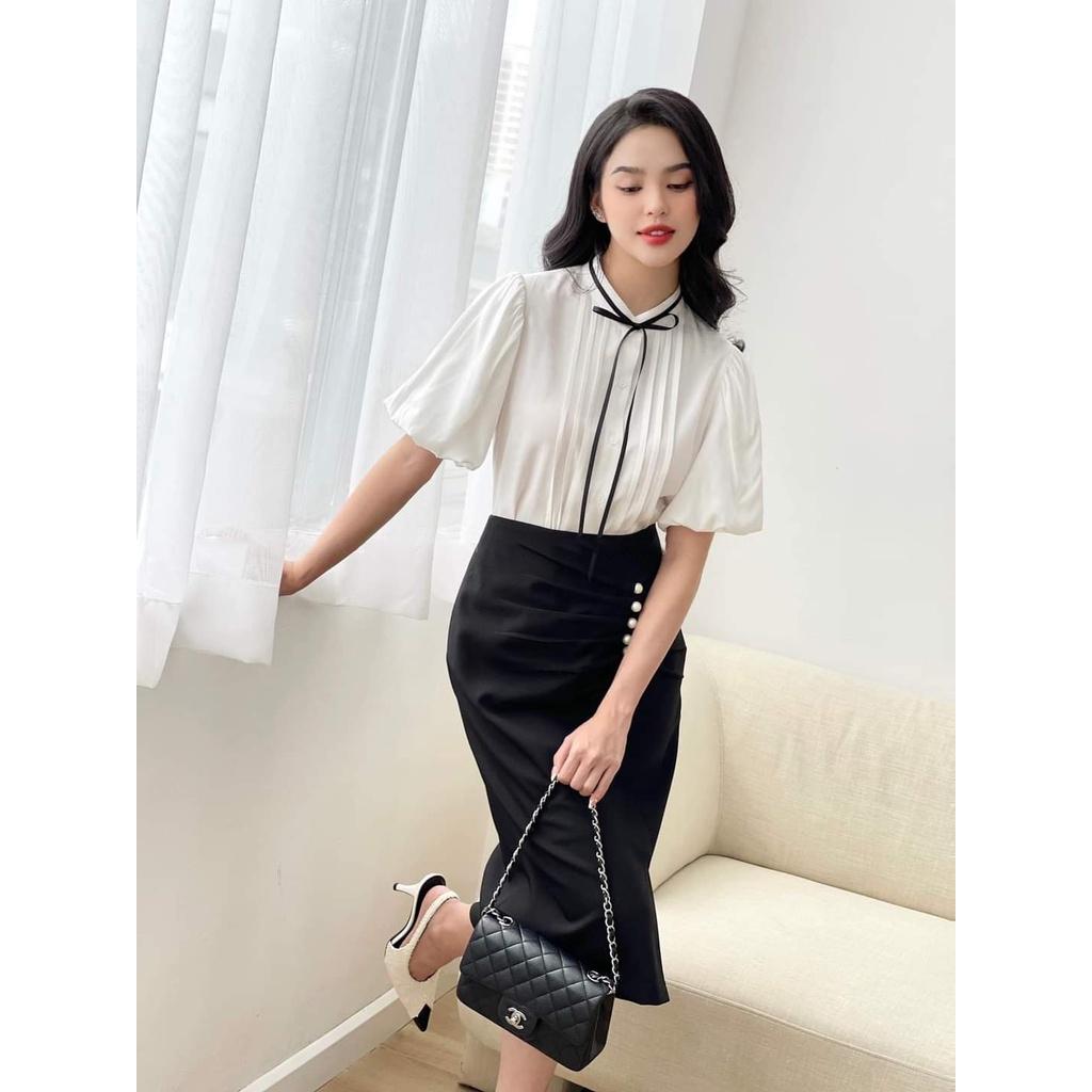 Sét chân váy + áo sơ mi tay phồng công sở
