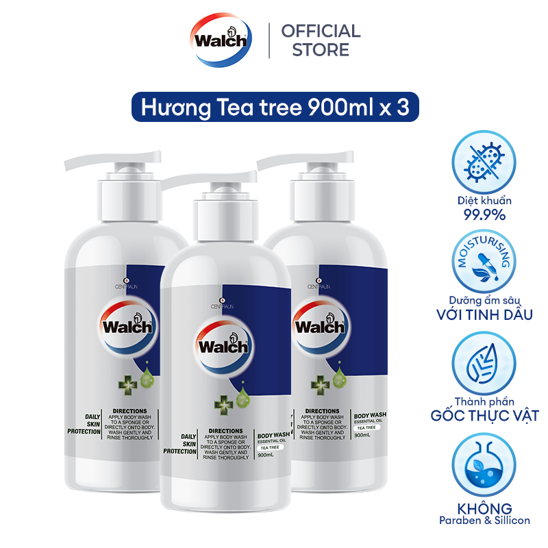 Combo 3 sữa tắm tinh dầu Walch tiêu diệt vi khuẩn, dưỡng ẩm mềm mịn, tái tạo làn da- Hương Tea Tree