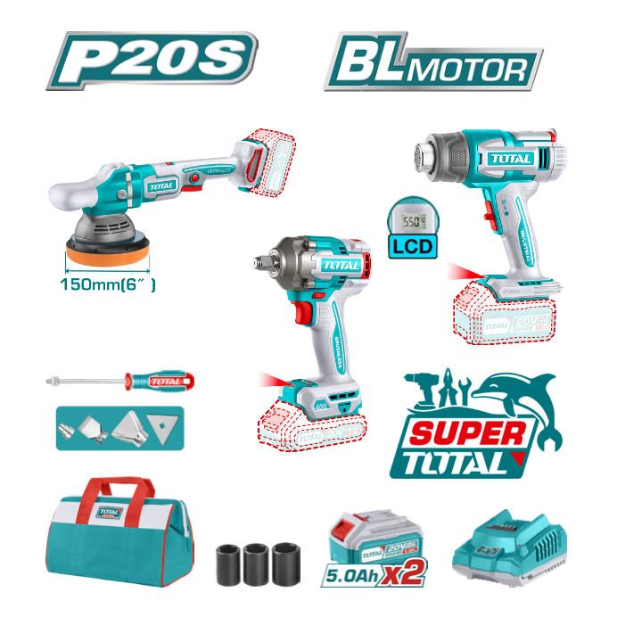 BỘ COMBO MÁY THỔI NHIỆT TBLI2003 &amp; MÁY ĐÁNH BÓNG TAPLI2015 &amp; MÁY SIẾT BULOONG TIWLI20401 KHÔNG CHỔI THAN DÙNG PIN 20V TOTAL TOSLI240863 - HÀNG CHÍNH HÃNG