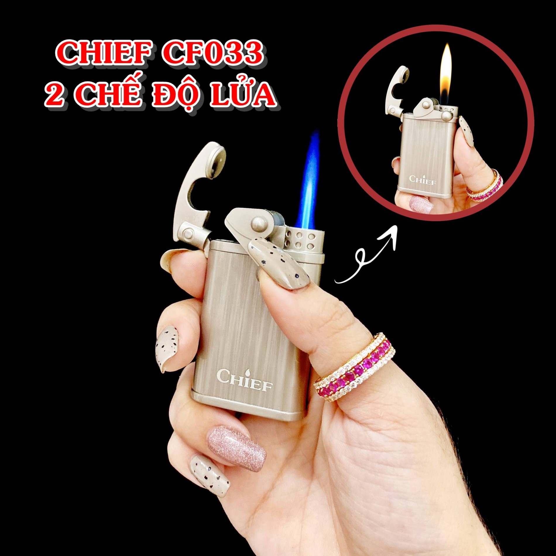 Hộp quẹt bật lửa Chief 2 chế độ lửa CF033 (lửa khè và lửa ngọn) búng tay đánh lửa - (xài gas)