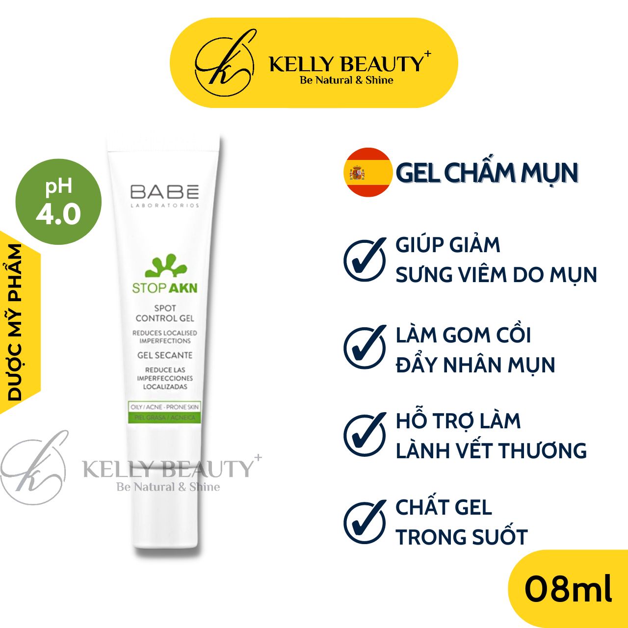 Chấm Mụn BABE Spot Control Gel - Giảm Viêm, Khô Cồi, Đẩy Nhân Mụn; Hỗ Trợ Lành Vết Thương - Kelly Beauty