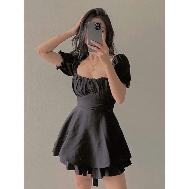 Jumpsuit xếp ly jguwcj thắt nơ đen trắng đỏ