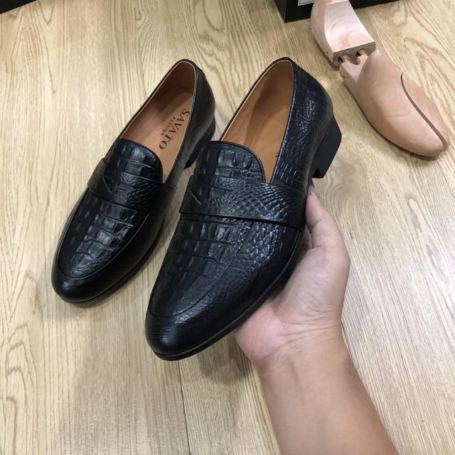 GIÀY LƯỜI IN CÁ SẤU BĂNG ĐỤC - GIẦY LƯỜI NAM DA mềm 100% DẬP VÂN CÁ SẤU, ĐẾ CAO SU - MÃ K11 ĐEN
