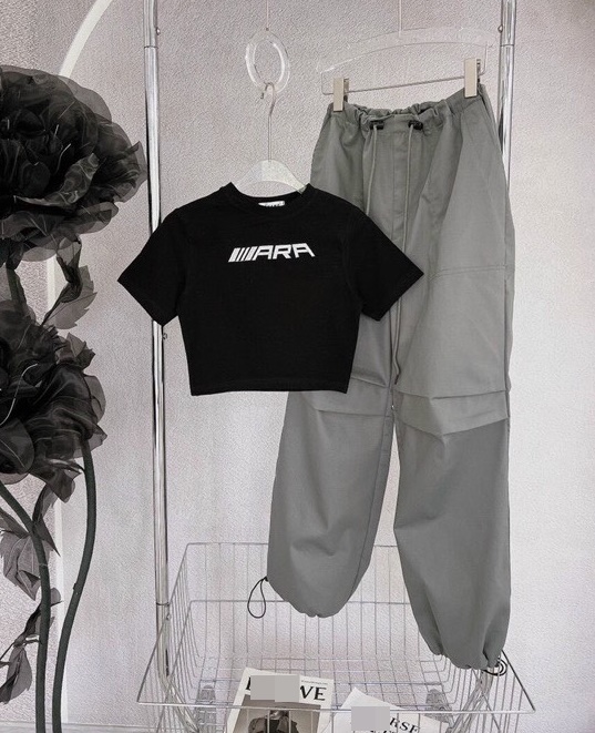 SET QUẦN DÀI ỐNG RỘNG LƯNG CAO DÂY RÚT XÁM TRƠN + ÁO CROPTOP TAY NGẮN ÔM BODY ĐEN THỂ THAO ĐI BIỂN DẠO PHỐ ĐI CHƠI ĐI TIỆC