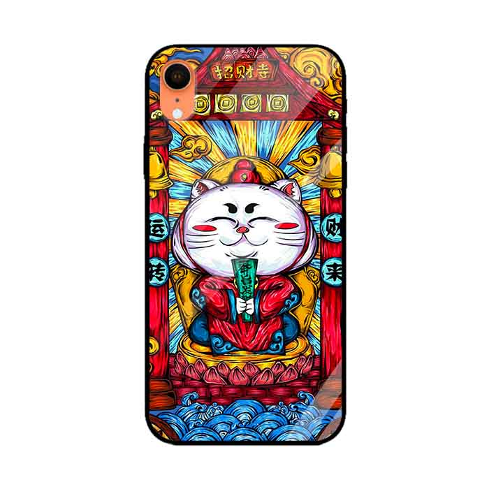 Ốp lưng kính cường lực cho iPhone Xr Nền Mèo May Mắn Trắng - Hàng Chính Hãng