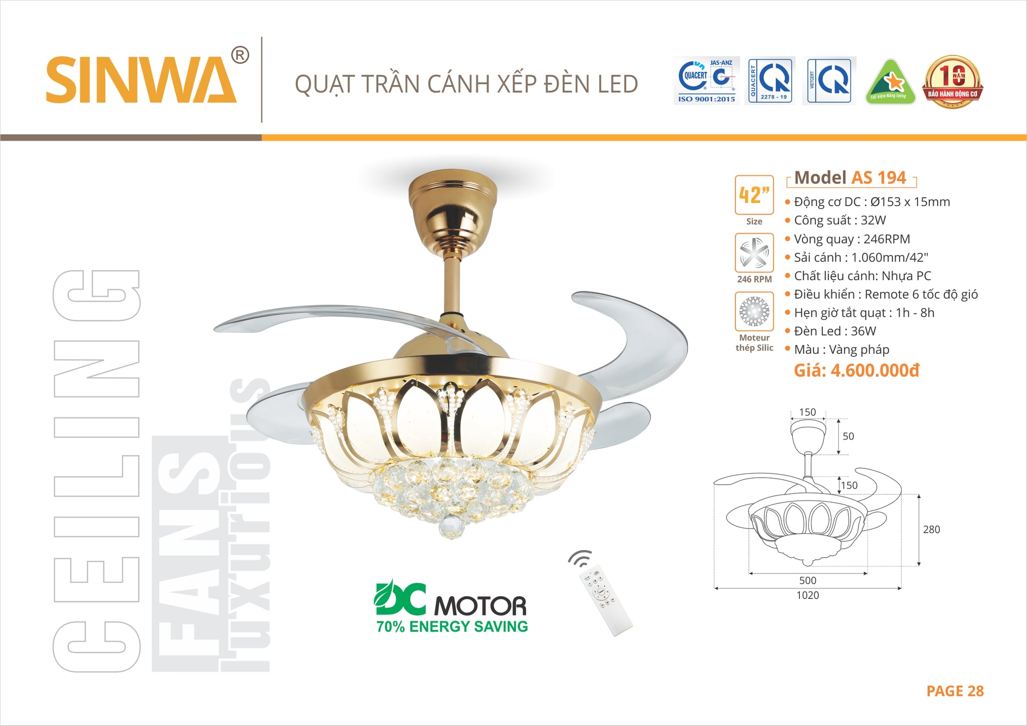 QUẠT ĐÈN TRẦN CÁNH XẾP ĐÈN LED SINWA AS 194 (Hàng chính hãng)