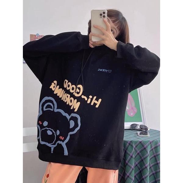 ÁO HOODIE CÓ MŨ FORM RỘNG MÀU ĐEN HÌNH GẤU GOOD MORNING