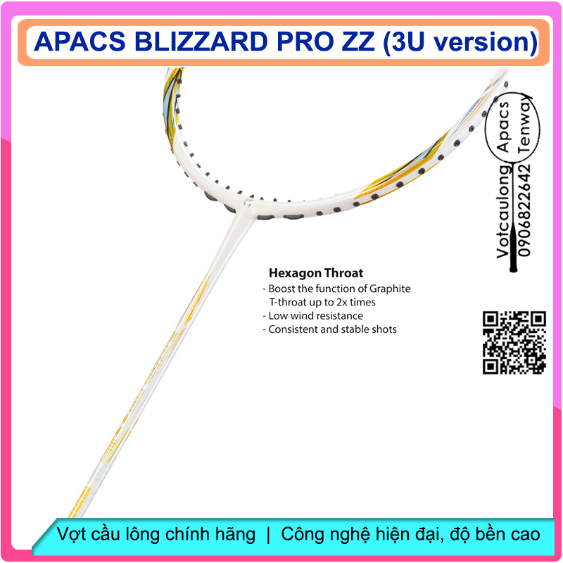 Vợt cầu lông Apacs Blizzard Pro ZZ - 3U | Vợt 3U thân đũa thế hệ mới, đũa chỉ 6.2mm, nặng đầu chuyên công, khung đan 17kg