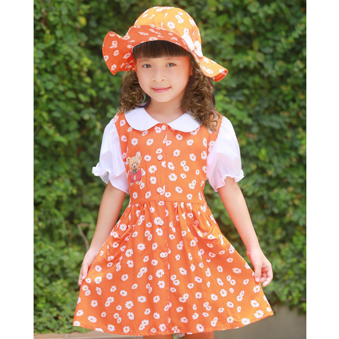 Bộ váy kèm mũ trẻ em hoa cúc màu cam EK-03