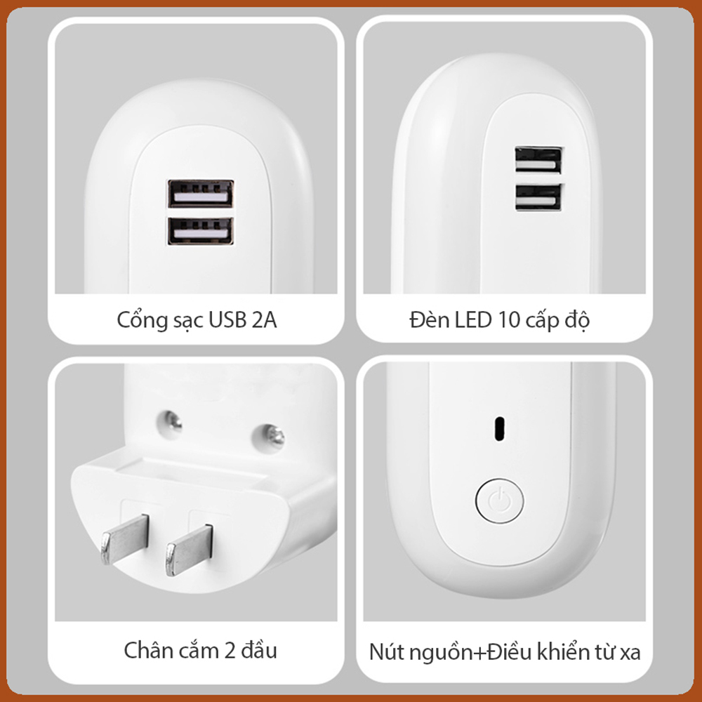 Đèn ngủ Oval cắm điện 10 cấp độ sáng có remote - đèn ngủ thông minh - hẹn giờ - 2 cổng USB sạc nhanh DRU - Hàng Chính Hãng