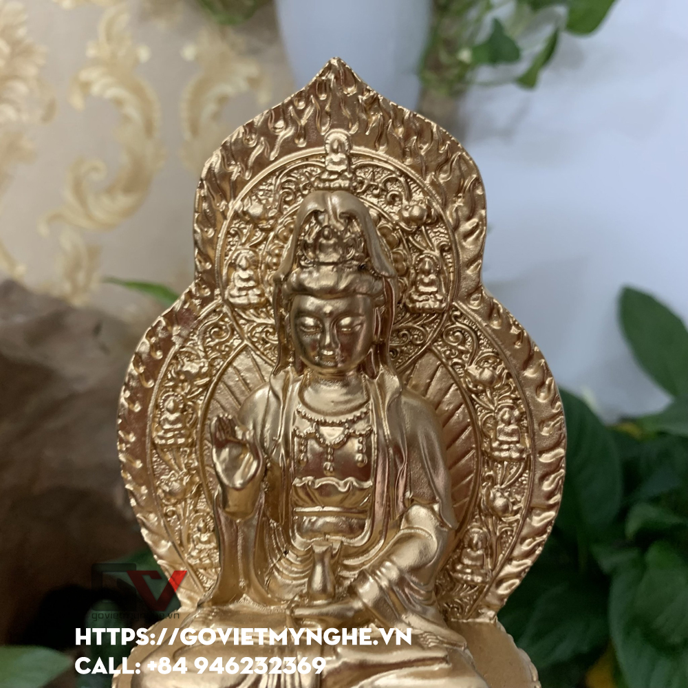 Tượng đá Quan Thế Âm Bồ Tát ngồi đài sen + chữ "Phật" - Chiều cao 15cm - Màu nhũ đồng