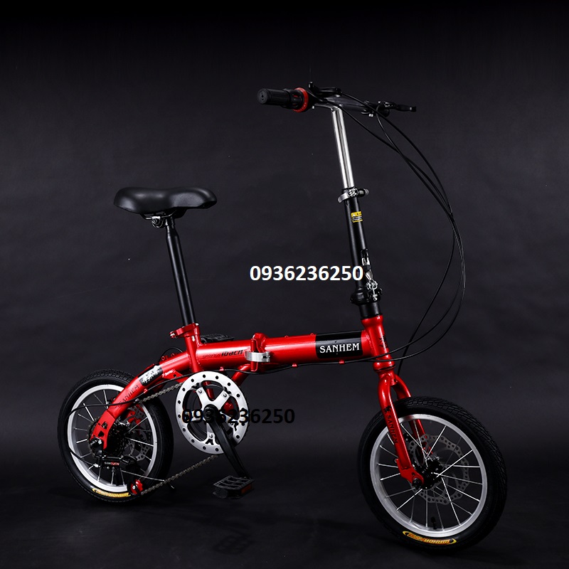 Xe đạp thể thao trẻ em và người lớn  6 tốc độ, khung cacbon, bản full 2 phanh đĩa, có thể gấp gọn - đỏ - 14 inch 4-6 tuổi