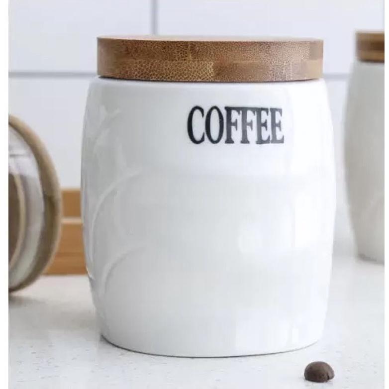 Sét 3 Hũ sứ đựng gia vị, Hũ sứ nắp gỗ đựng trà cafe kèm khay gỗ, Hàng xuất Âu
