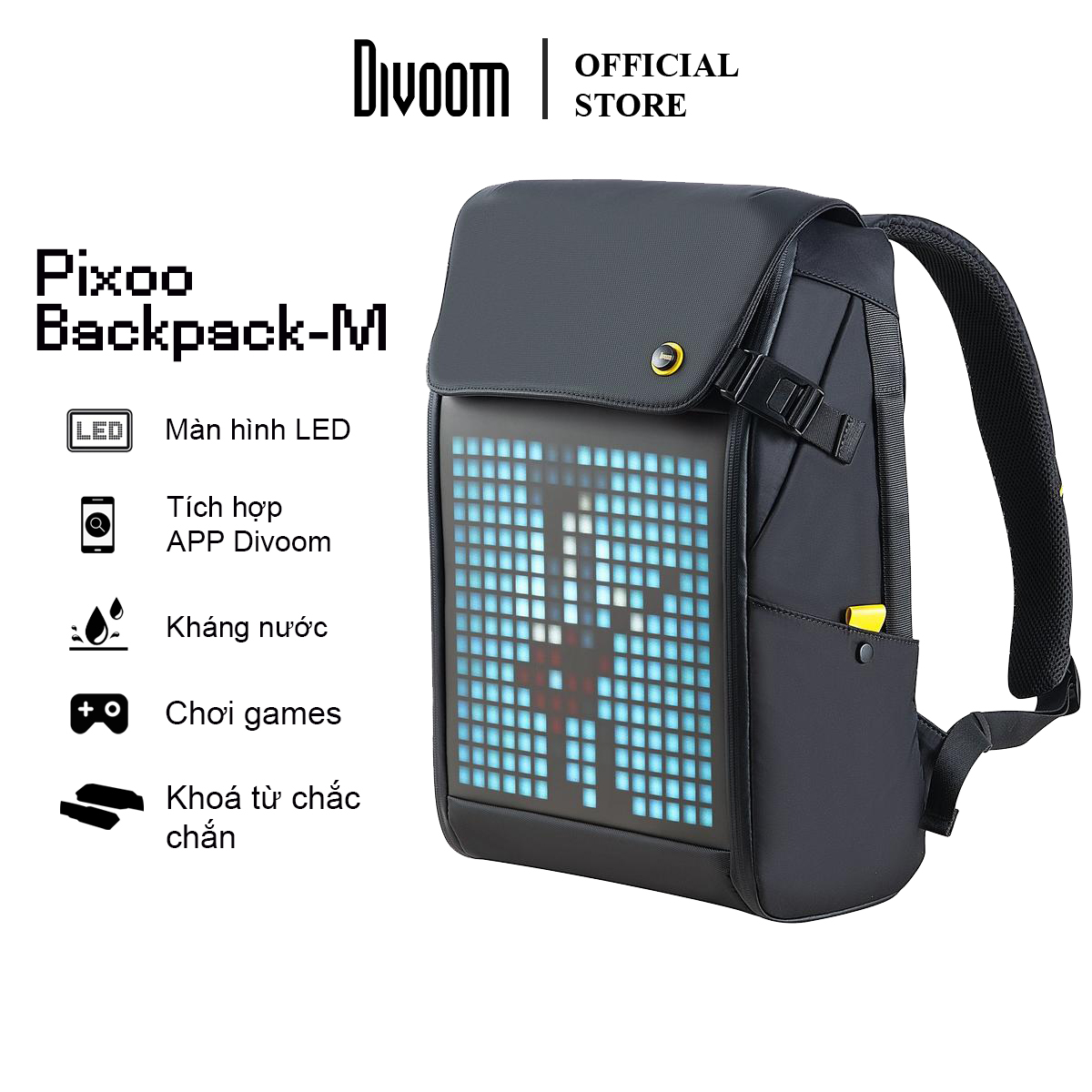 Balo Divoom – Pixoo Backpack-M có màn hình LED tùy chỉnh bằng APP, ngăn chứa lớn vừa Laptop 14 Inch, chống thấm nước cho hoạt động ngoài trời