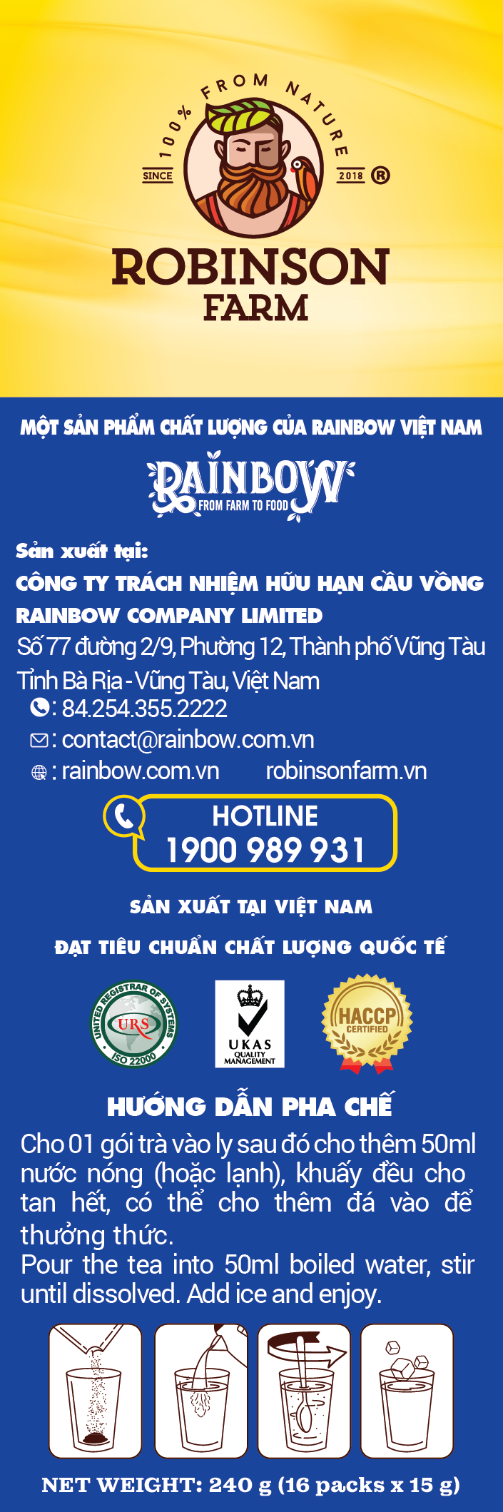 Trà Hoà Tan Vị Chanh Muối Robinson Farm - Hộp 240gr ( 16 túi x 15g ) - Hương vị TRÀ THƠM NGON NHẤT VIỆT NAM