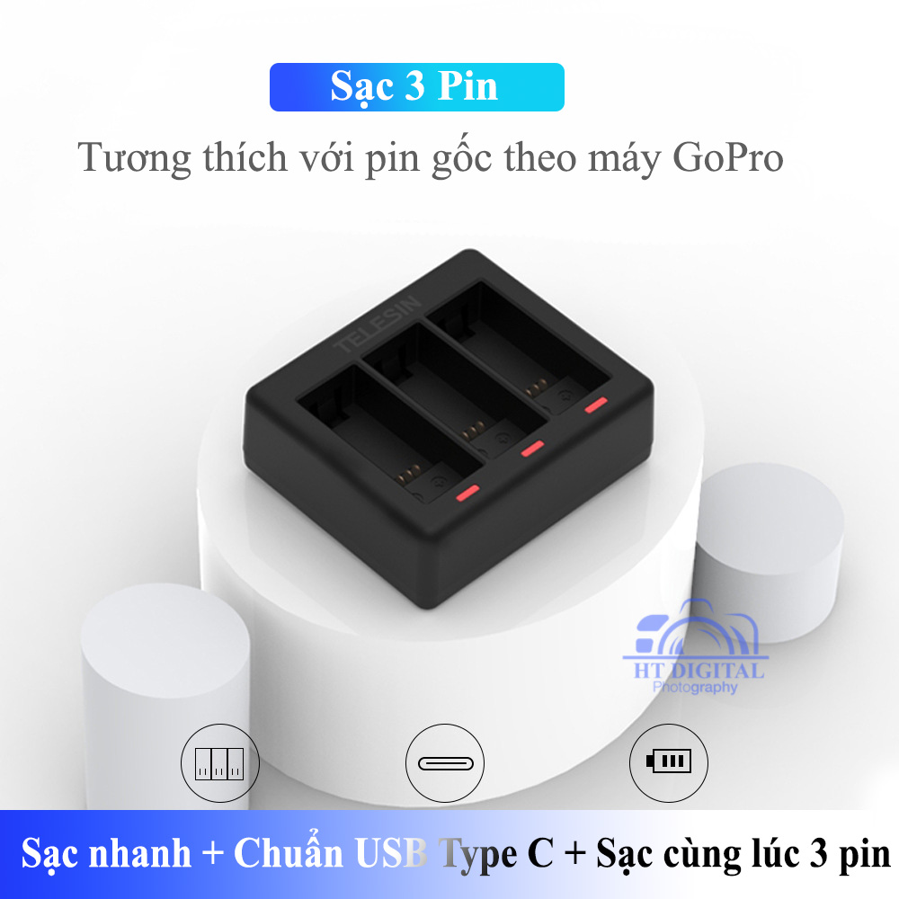 Dock Sạc 3 Pin Telesin Cho GoPro Hero 9 (Hàng Chính Hãng)