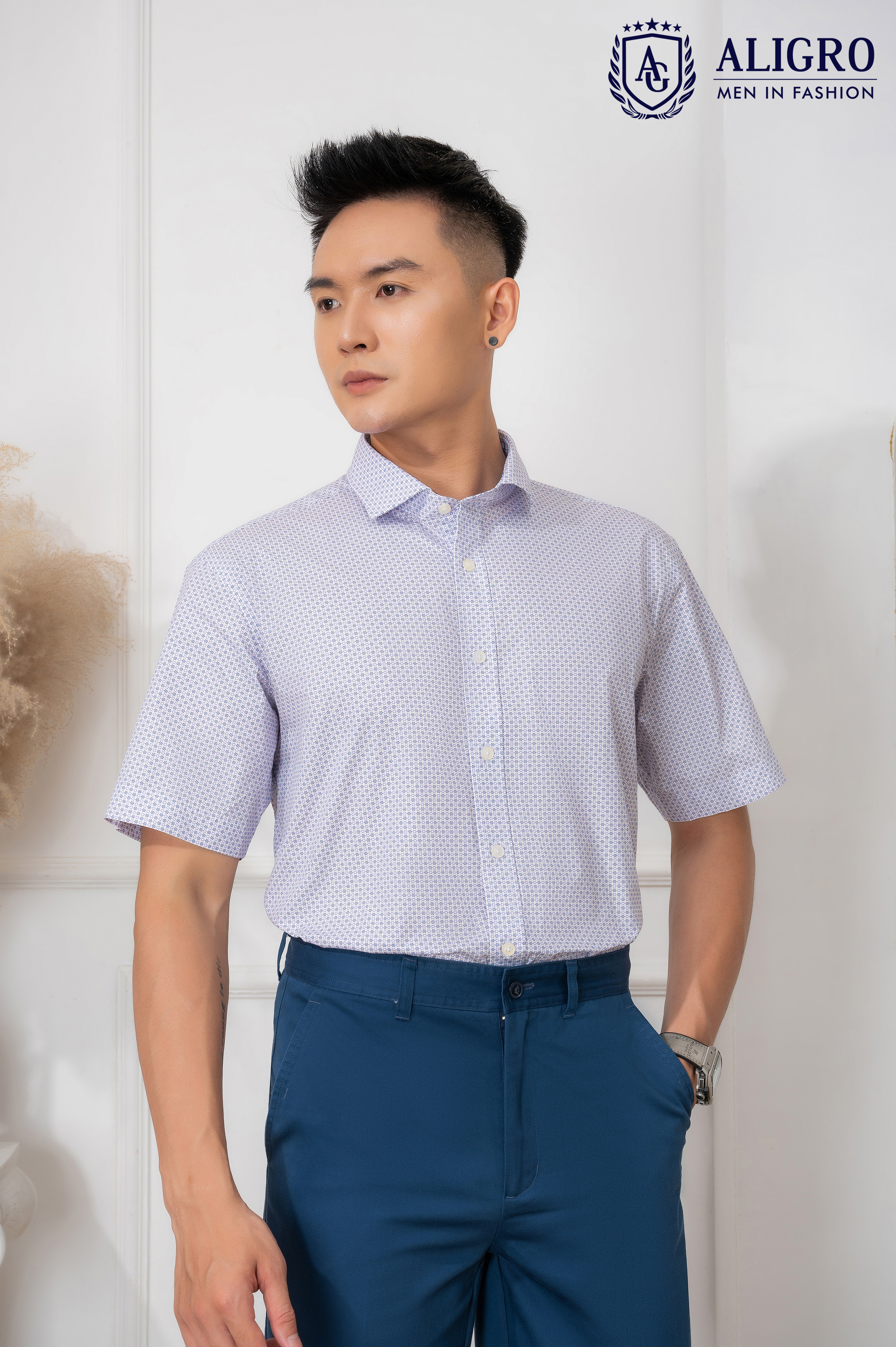 Áo sơ mi nam công sở họa tiết nhỏ cộc tay Custom Fit mã ALGS-C84