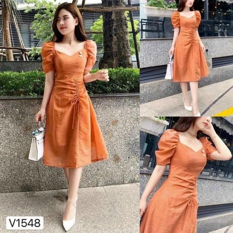 Đầm đũi xòe tay phồng, cổ vuông rút dây xinh lung linh