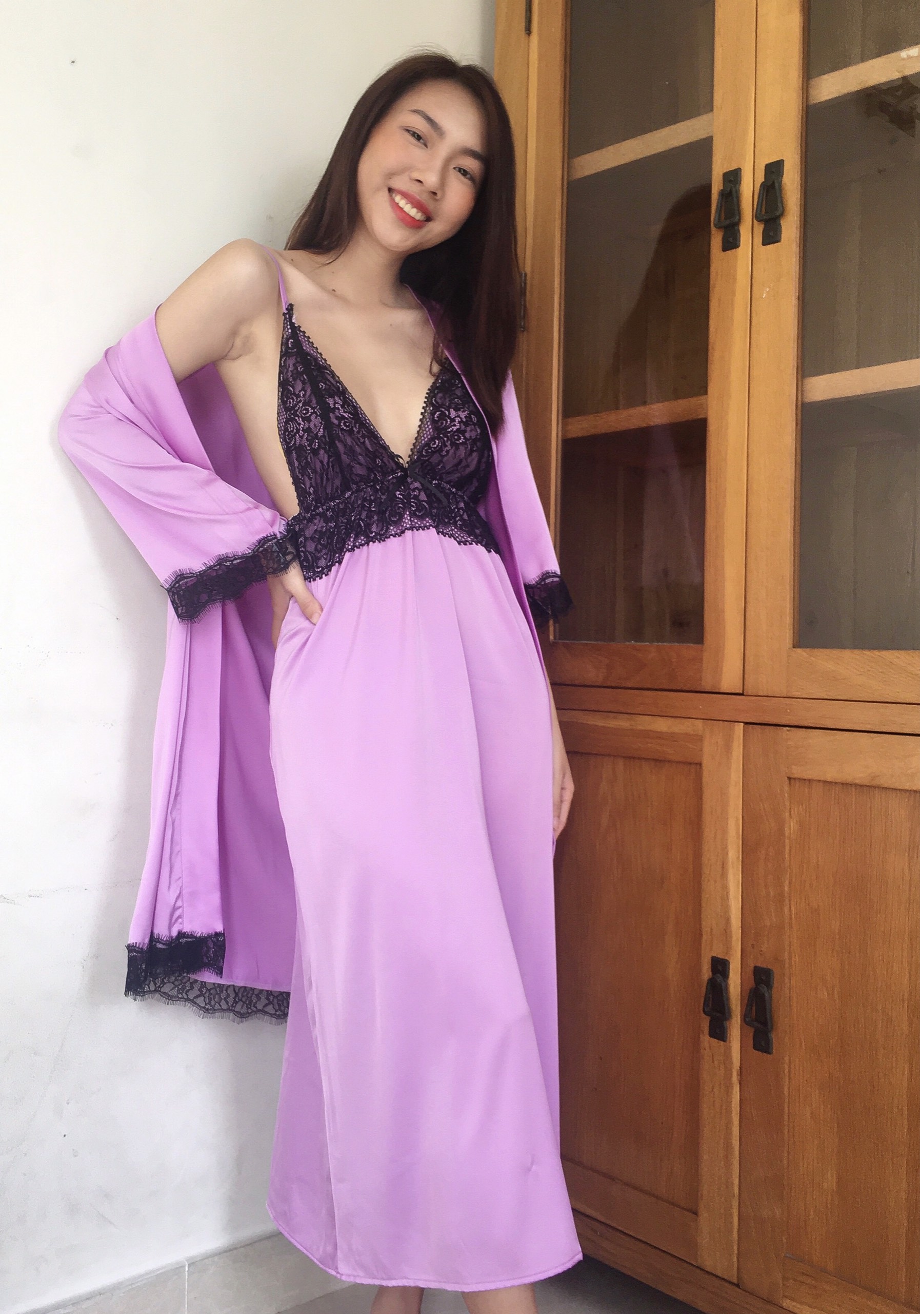 [HATU SLEEPWEAR] Váy ngủ lụa hai dây phối ren-Màu tím