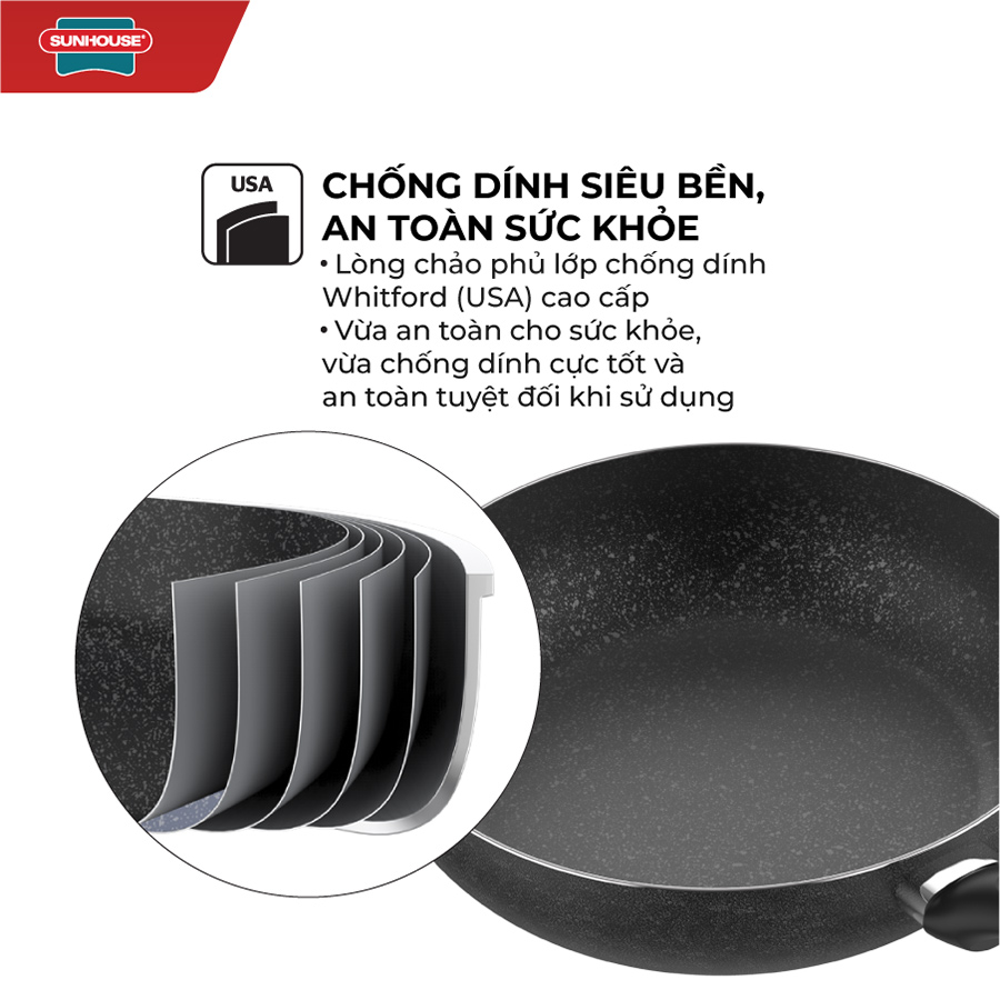 Chảo sâu lòng vân đá Stone Pro chống dính Vung kính cường lực siêu bền Sunhouse SHS26ME - Dùng trên mọi loại bếp - Hàng chính hãng