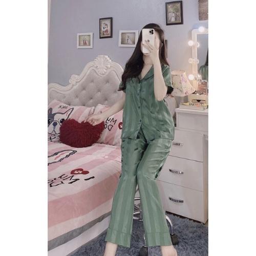 Đồ Bộ Pijama - Bộ Ngủ Lụa Gấm Kẻ Áo Cộc -Quần Dài