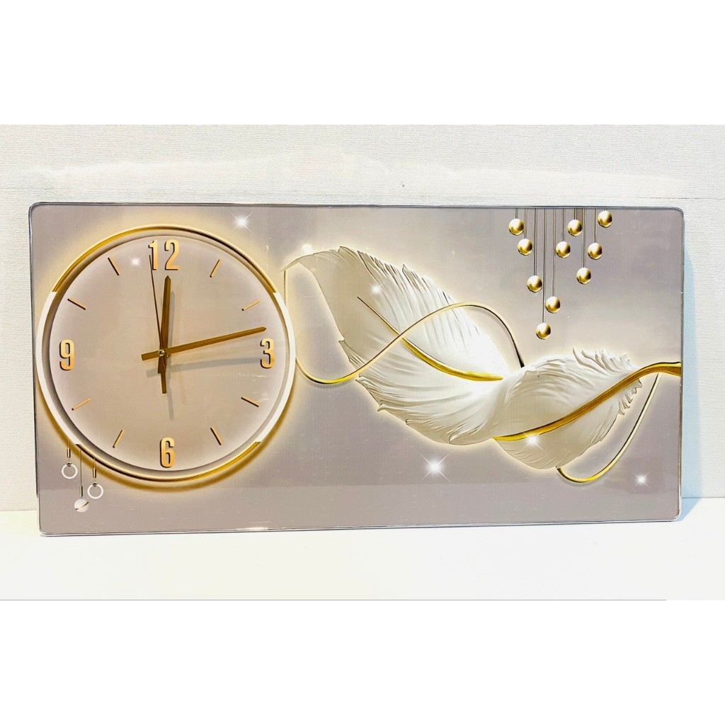 (HCM)Tranh đồng hồ tráng gương chiếc lông vũ tranh ngang trang trí decor phòng có kèm pin và đinh