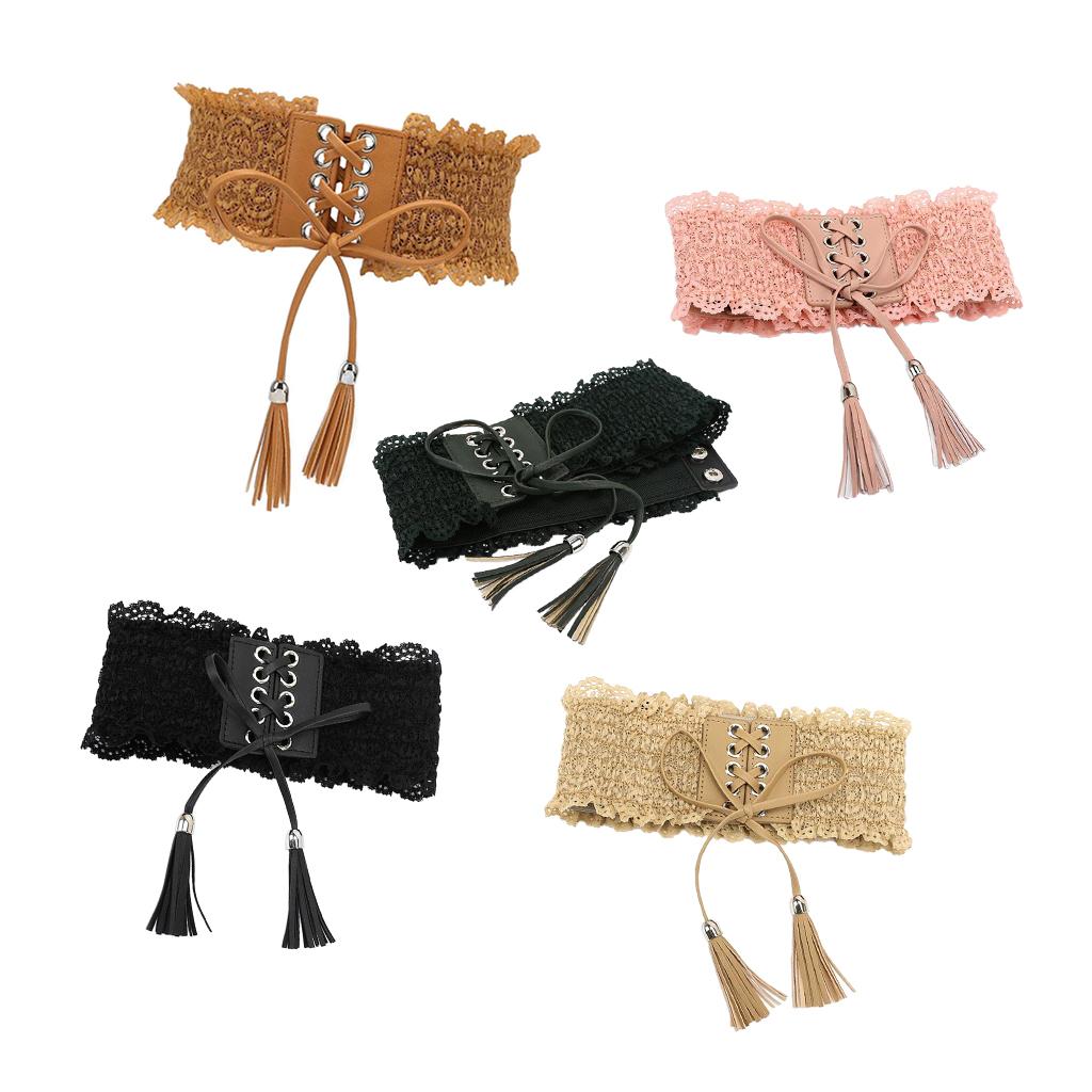 Womens Lace Leather Wide Waist Belt Elastic Band Corset Light Tan