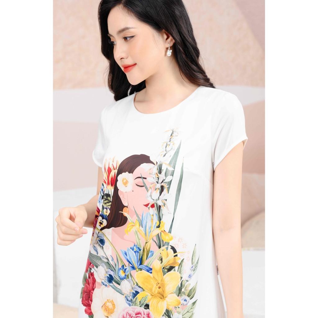 Đầm váy suông in hoa cô gái màu trắng SYO D2004