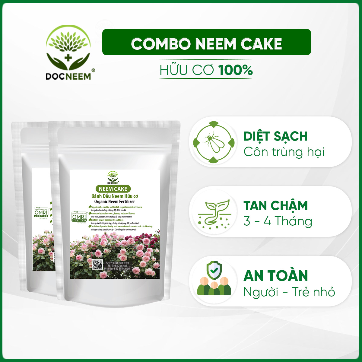 Combo Bánh dầu neem DOCNEEM Neem cake trị sùng đất, cuốn chiếu, ốc sên, phân bón kích rễ hoa hồng, cây cảnh trong nhà ngoài trời, 2 túi 1kg