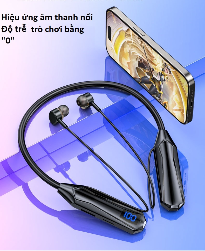 Tai Nghe  Thể Thao Quàng Cổ  4 loa  Bluetooth 5.3  Âm Vòm 360 Độ, Pin Khủng 1000mAh Sử Dụng 80 - 100 Giờ, Led Báo % Pin , Hỗ  Trợ Khe Cắm Thẻ Nhớ