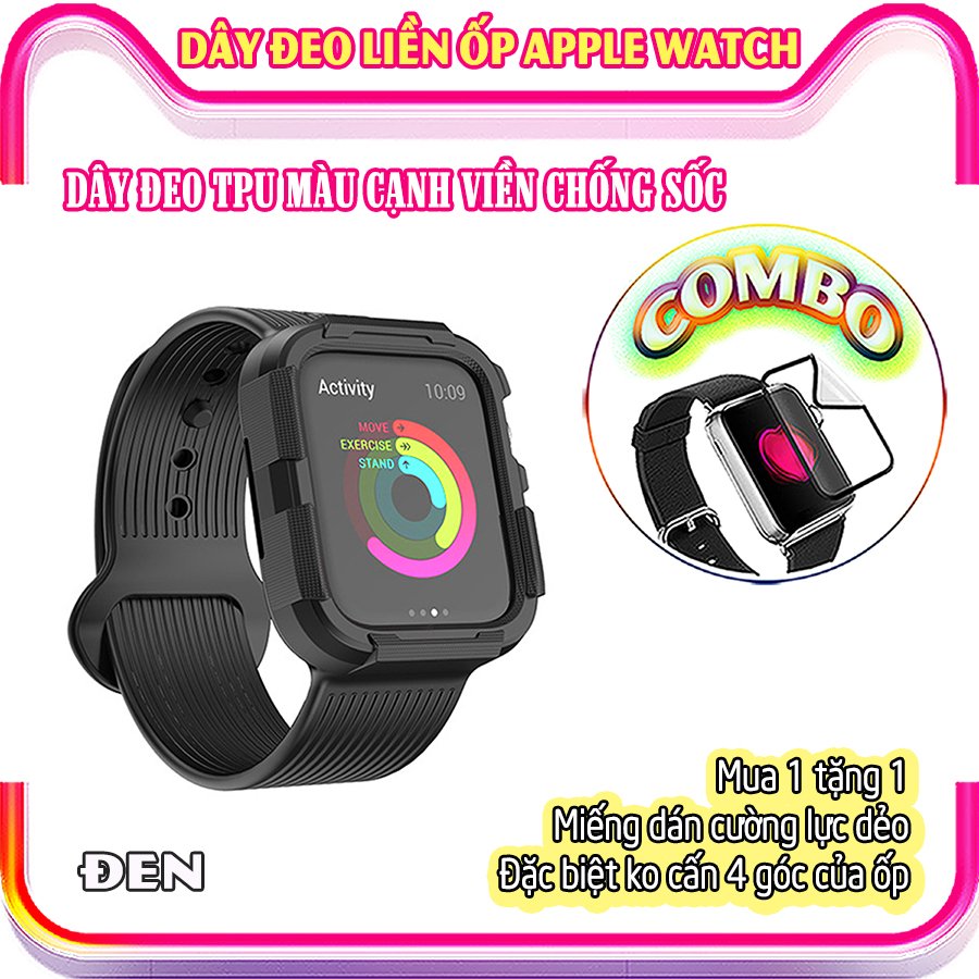 Dây Đeo liền ốp dành cho Apple Watch size 38/40/42/44mm TPU màu cạnh viền chống sốc - Đen (tặng dán KCL theo size)