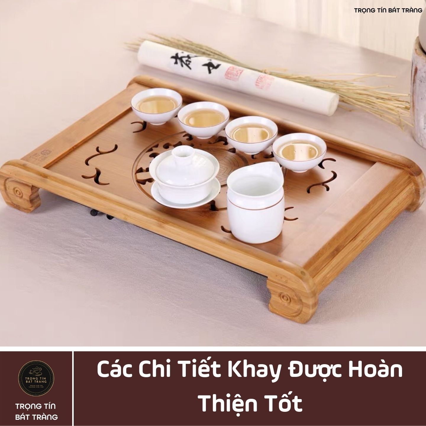 KT 04 Khay Trà Tre Cao Cấp Khổng Minh Chữ Nhật Kích Thước 50*29*7