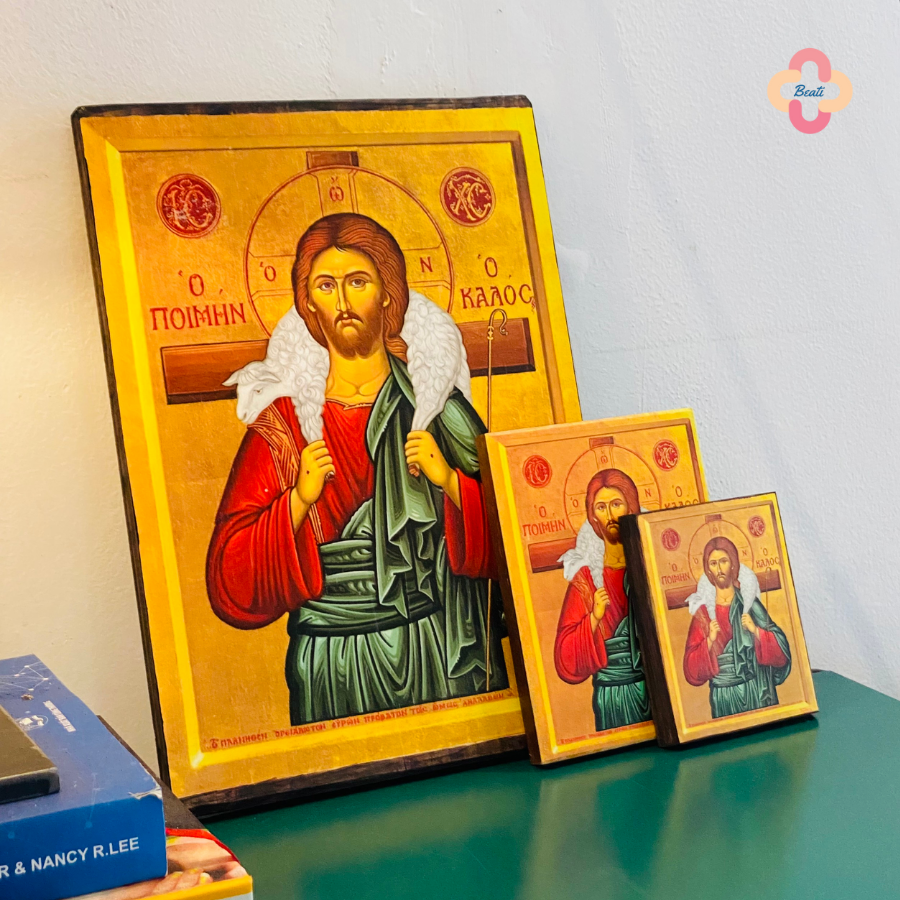 Icon Chúa Chiên Lành - Tranh Gỗ Thủ Công Màu Rustic / Icon of the Christ the Good Shepherd