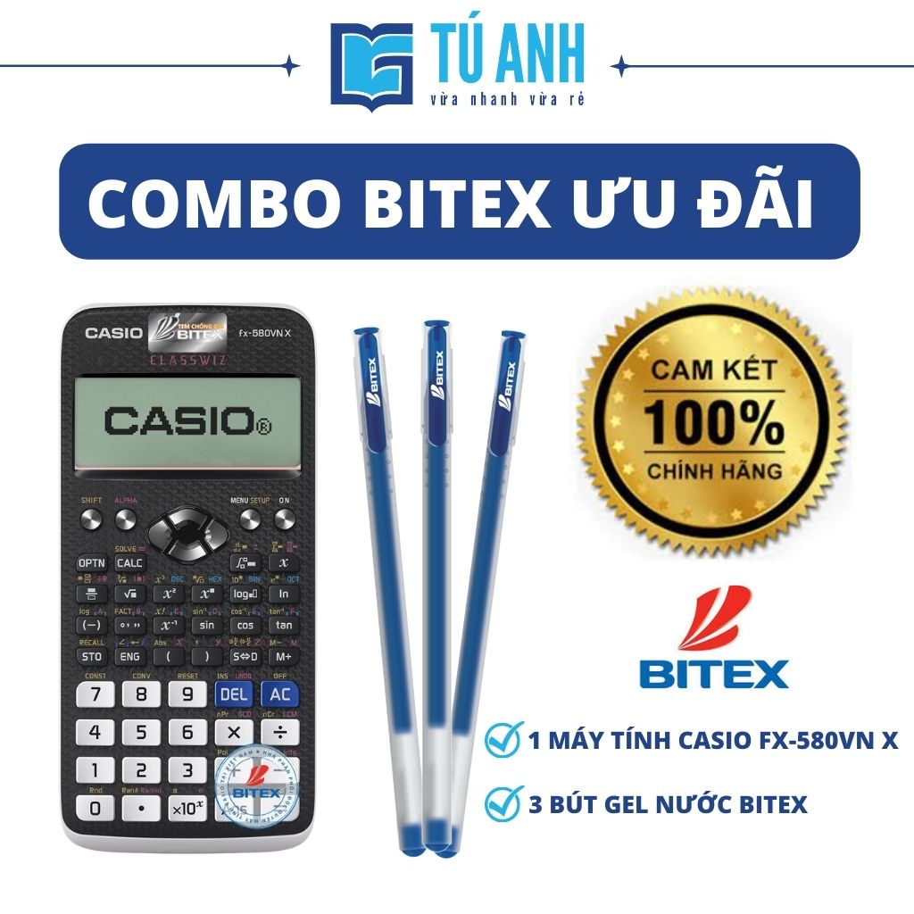 - Máy Tính Casio FX 580VN X + Bút Gel Xanh Bitex G04 0.5mm Mực Xanh