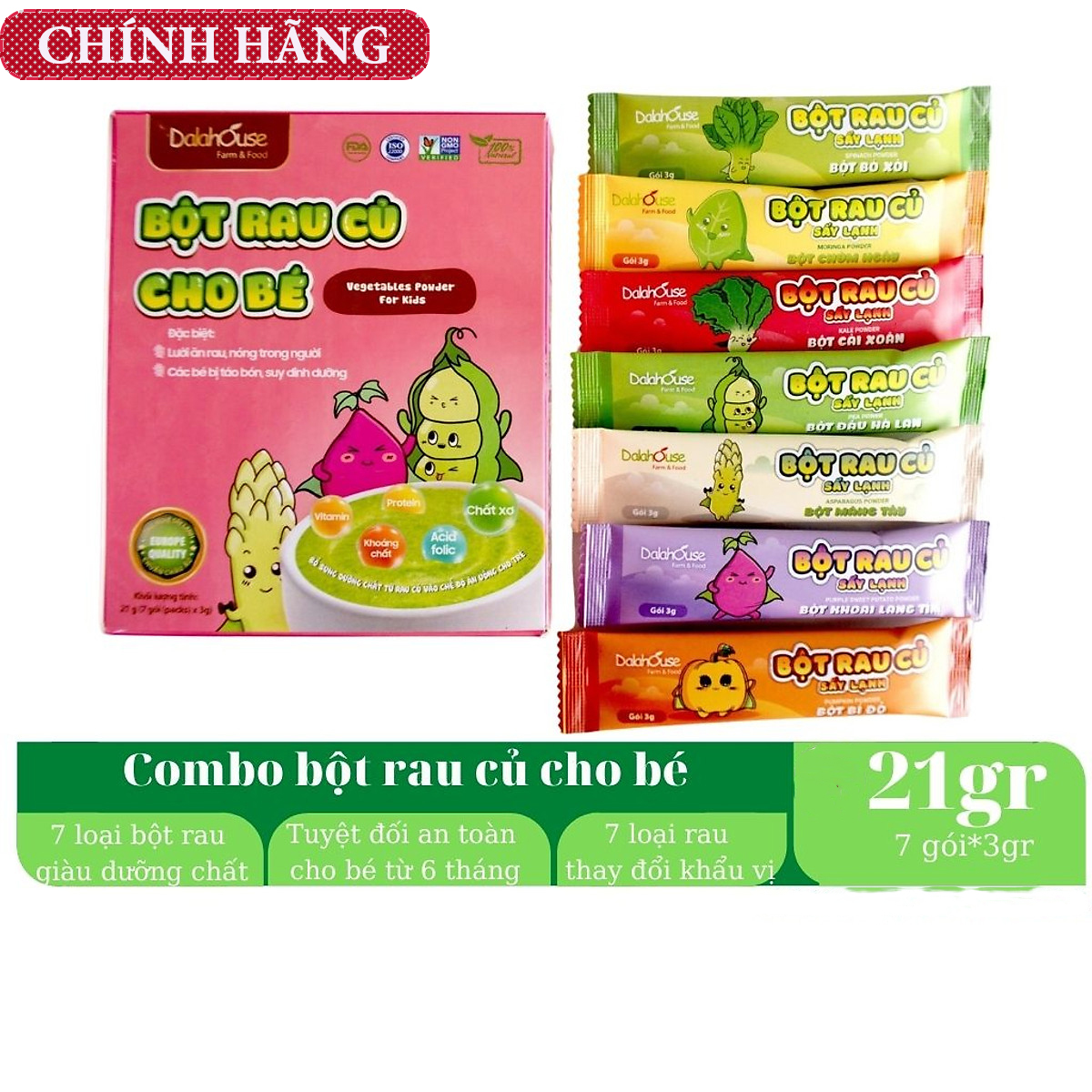 Bột Rau Củ Nguyên Chất Sấy Lạnh Cho Bé Dalahouse - 7 loại rau củ cho bé yêu cả tuần, cung cấp chất xơ, vitamin ngay cả khi bận rộn _ 63g/21g