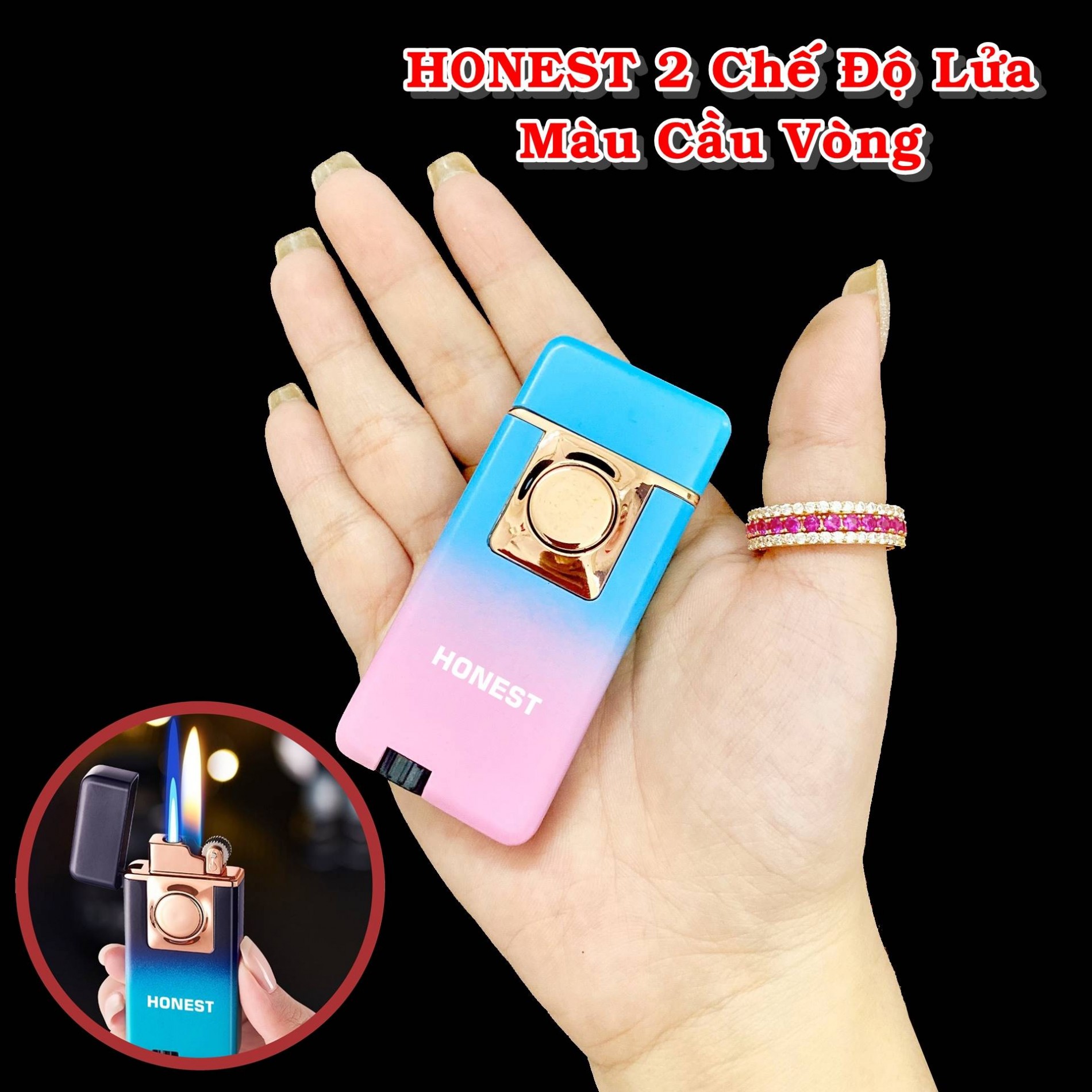 Hột quẹt bật lửa HONEST 2 chế độ lửa màu cầu vòng (lửa ngọn và lửa hoả tiễn) - (xài gas)