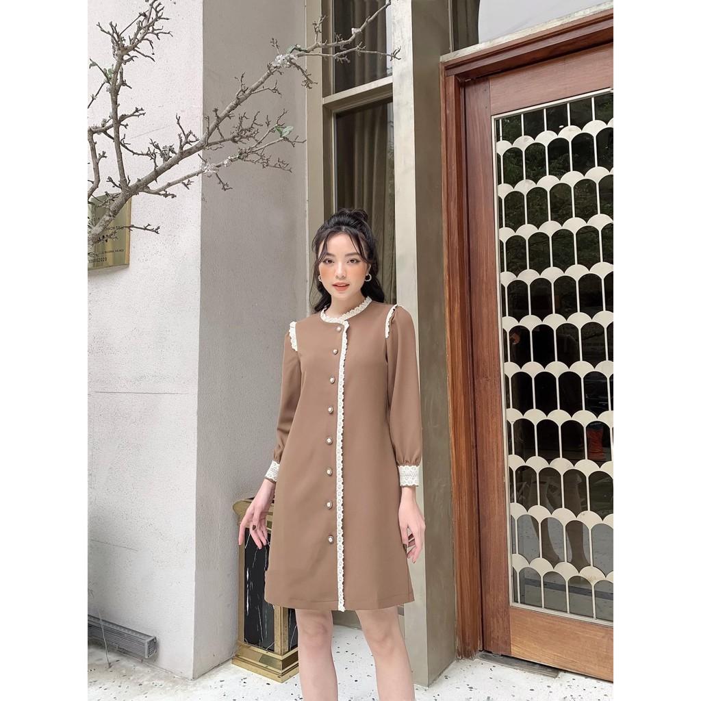 Váy suông chữ A cổ tàu cài cúc trước, đầm xuông rộng tay dài, phối ren 2 màu đỏ, nâu mã V142- Michi's House