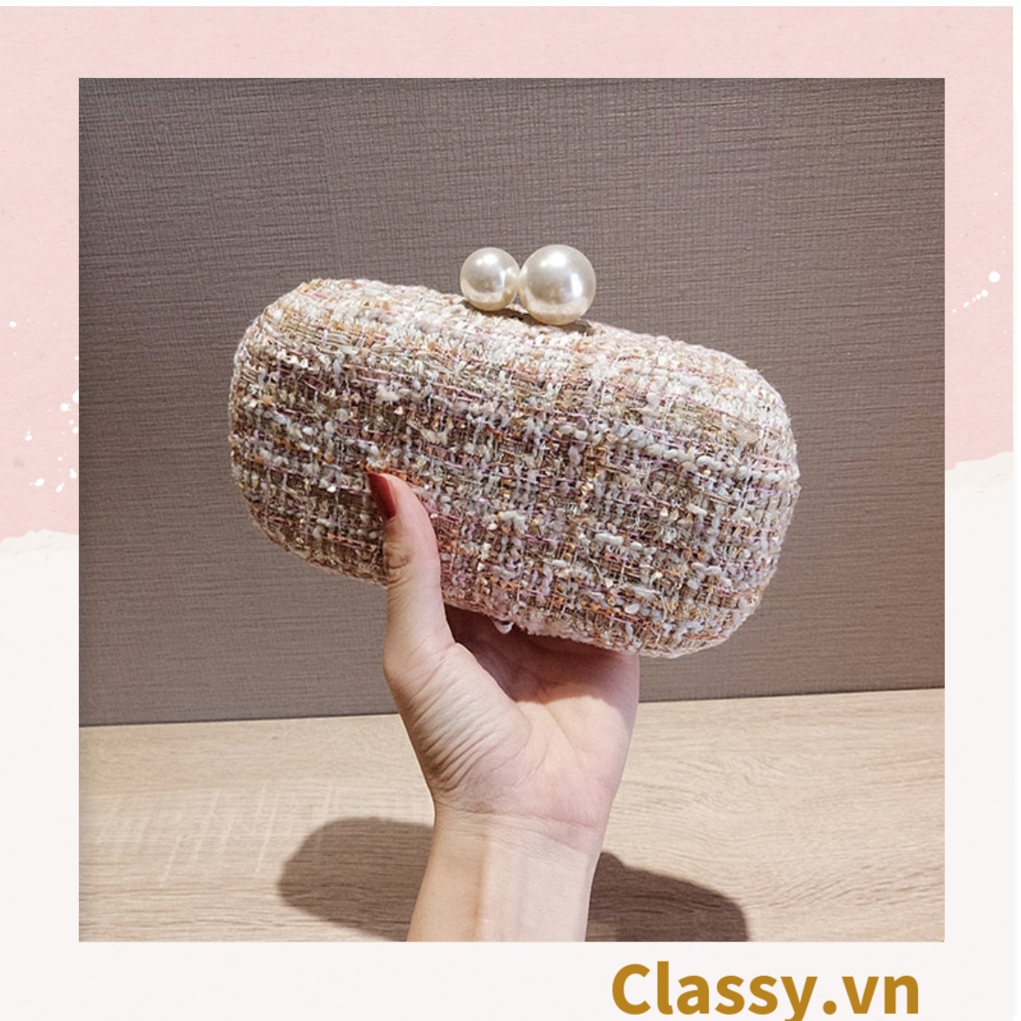 Clutch cầm tay đi tiệc màu be, vải tuýt sang trọng T312